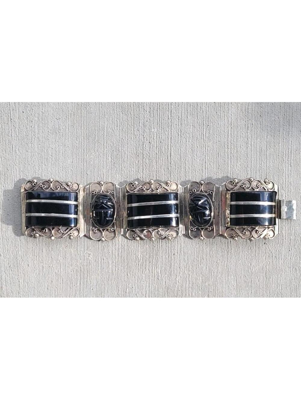 Vintage Sterling Silver Mexico Black Goldstone Panel Bracelet– Heavy Taxco Style